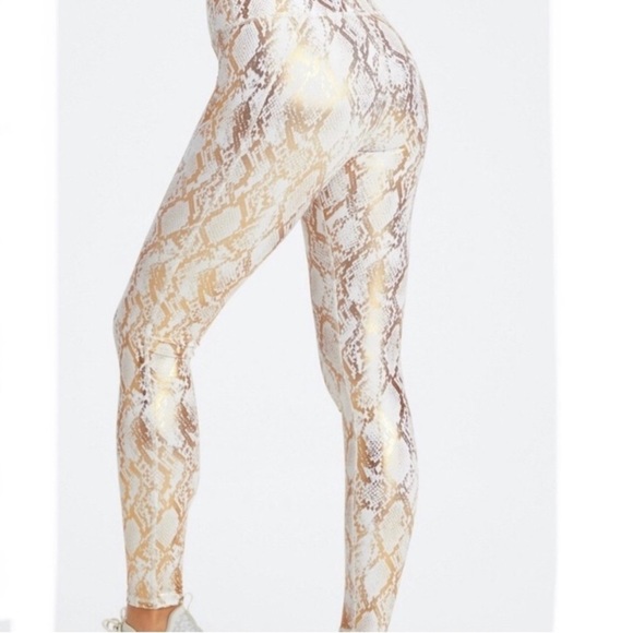 Fabletics Pants - FABLETICS high waisted metallic gold foil snakeskin print leggings size …